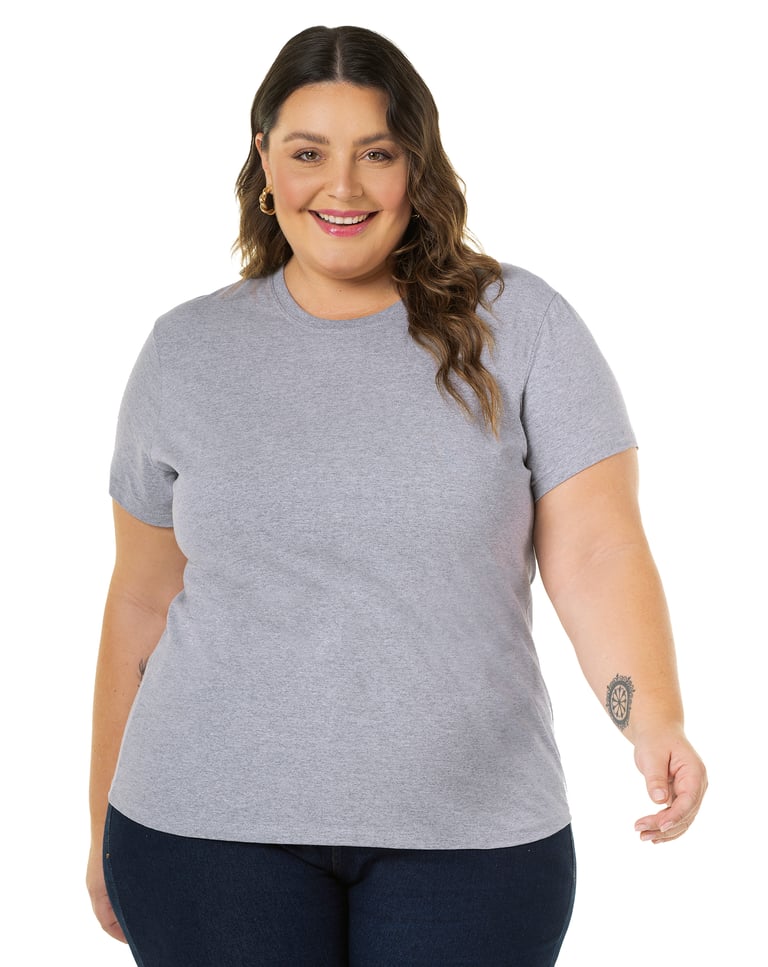 Camiseta Feminina Plus Size de Algodão Cinza Mescla