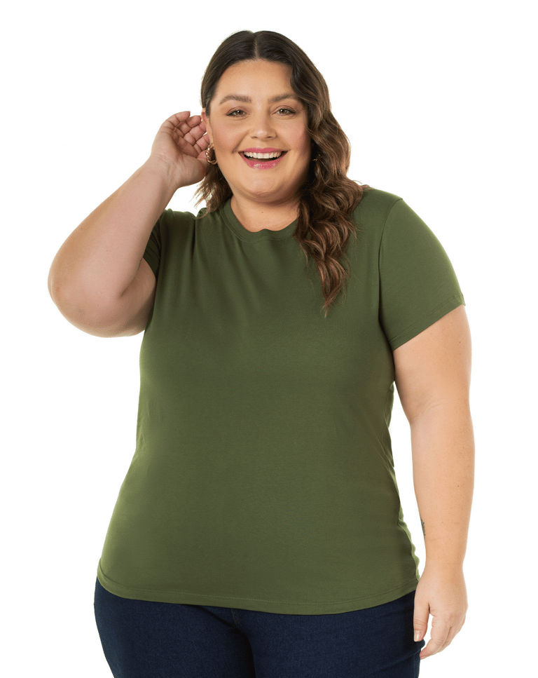 Camiseta Feminina Plus Size de Algodão Verde Militar