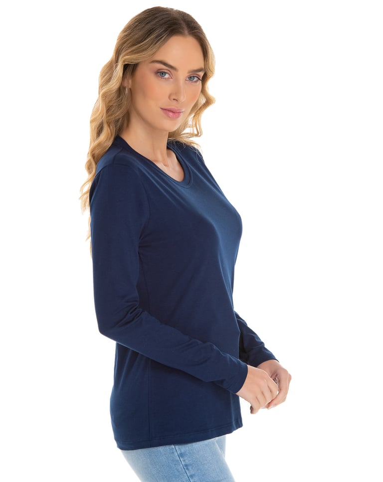 Kit 5 Camisetas Femininas Manga Longa de Algodão Premium Azul Marinho