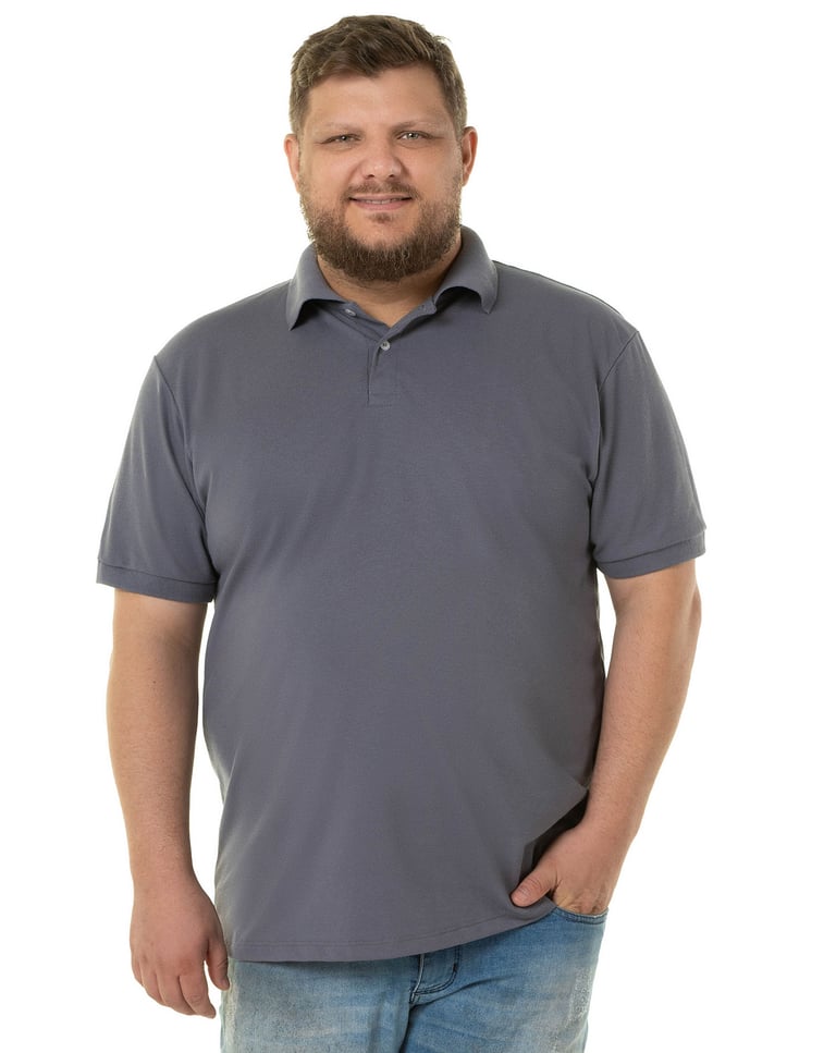 Camisa Polo Piquet Plus Size Masculina Cinza Chumbo