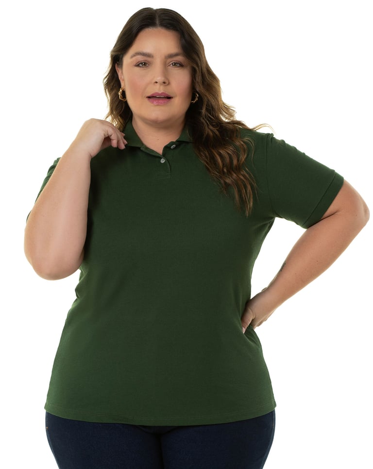 Camisa Polo Piquet Plus Size Feminina Verde Musgo