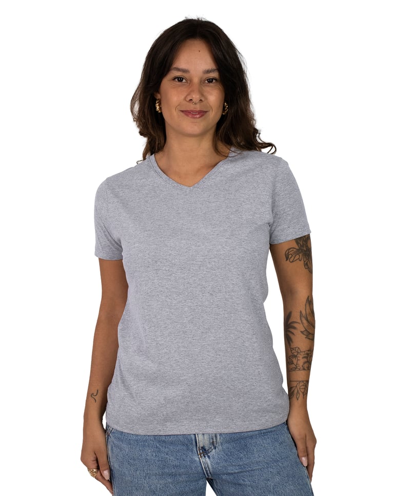 Camiseta Gola V Feminina de Algodão Premium Cinza Mescla