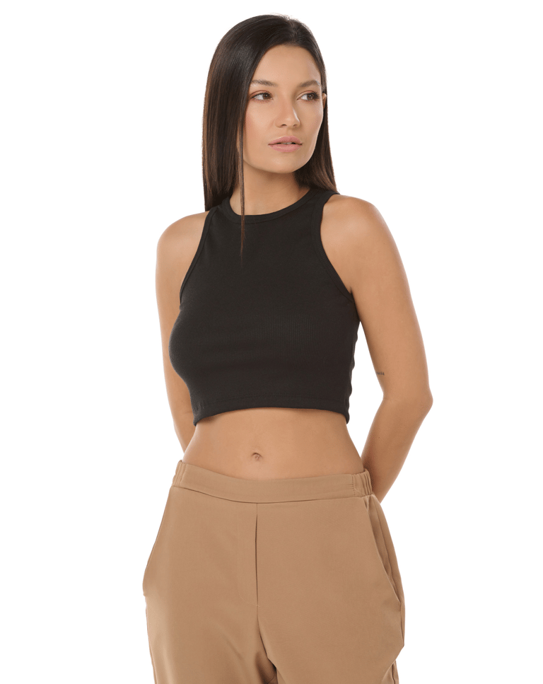 Cropped Feminino Canelado em Ribana Preto