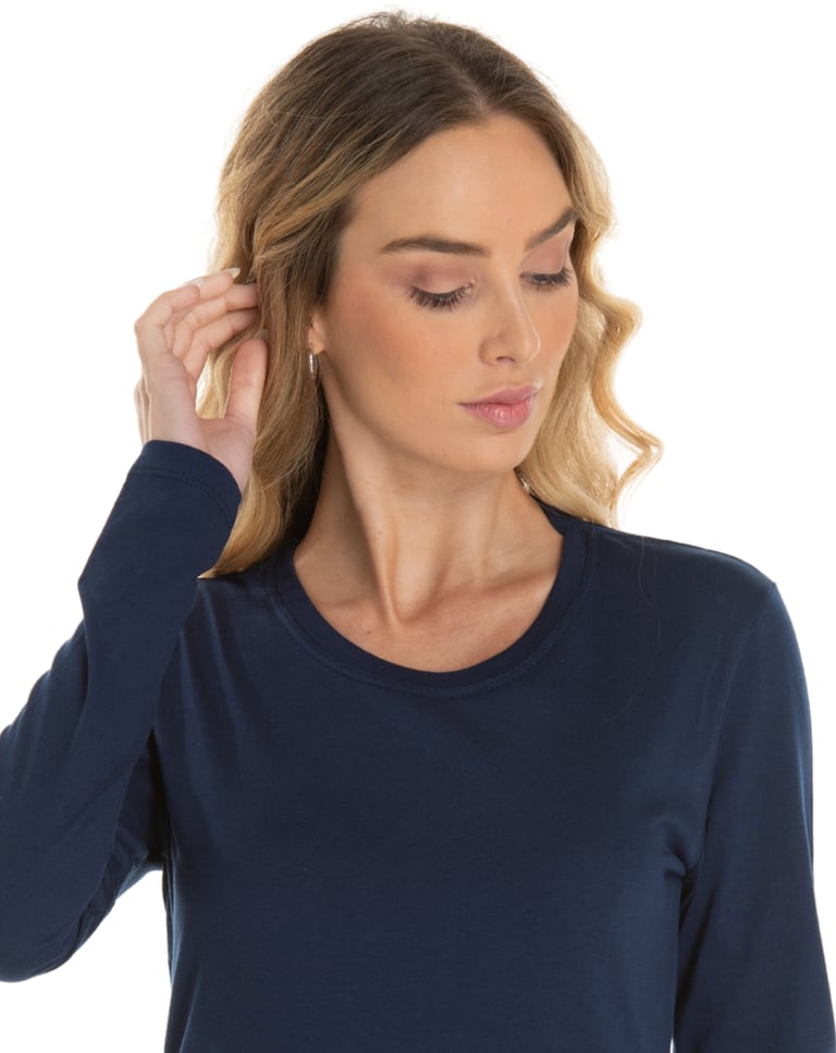 Camiseta Feminina Manga Longa de Algodão Premium Azul Marinho