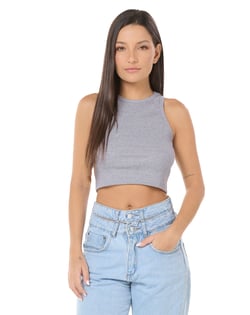 Cropped Ribana Canelado Feminino Cinza Mescla