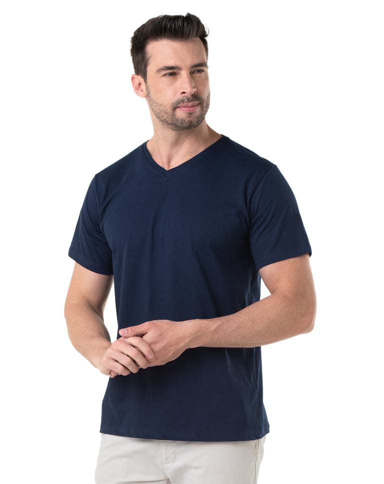 Camiseta Gola V de Algodão Premium Azul Marinho