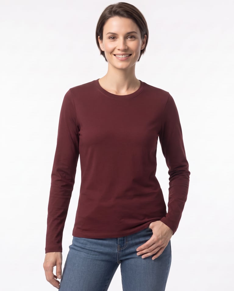 Camiseta Feminina Manga Longa de Algodão Premium Bordô