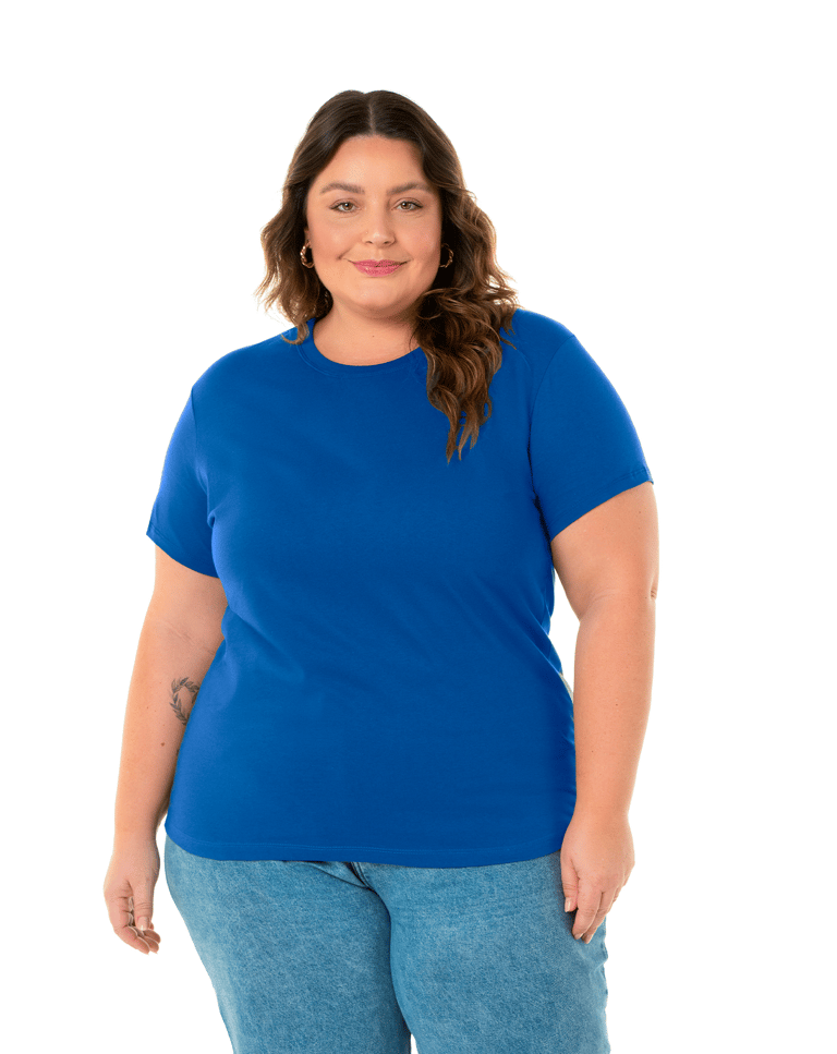 Camiseta Feminina Plus Size de Algodão Azul Royal