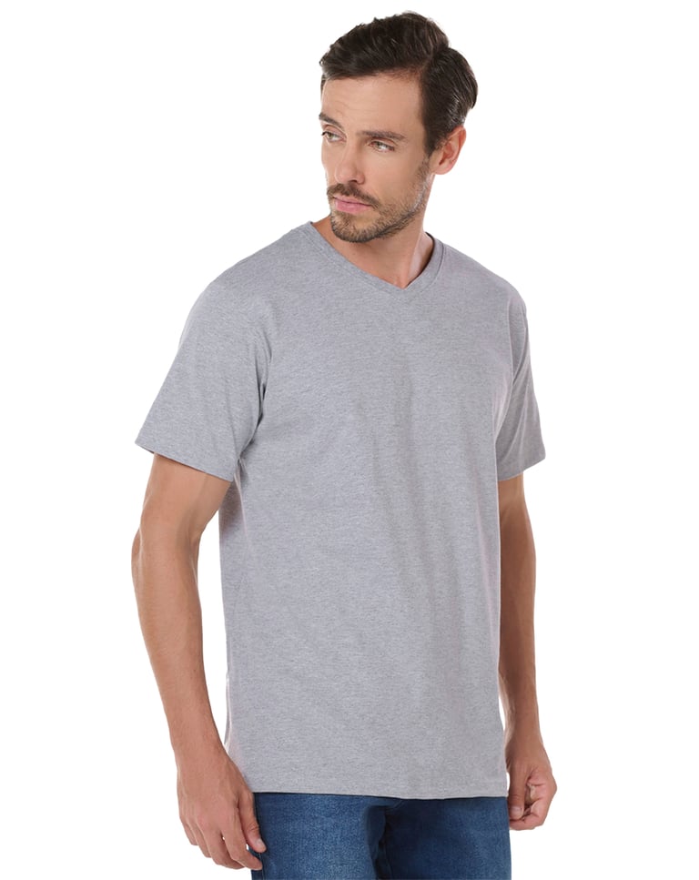 Camiseta Gola V de Algodão Premium Cinza Mescla