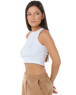 Cropped Feminino Canelado em Ribana Branco