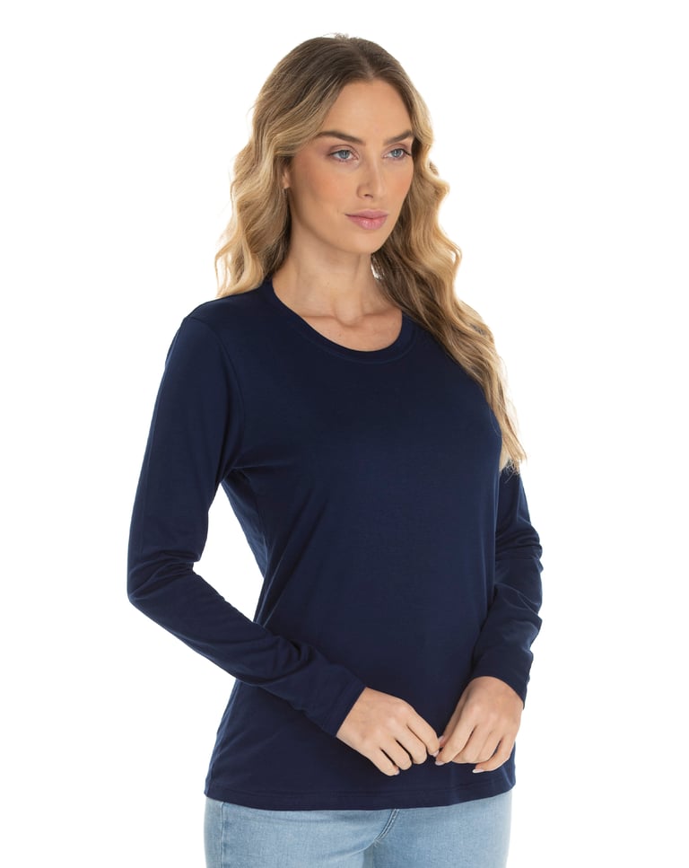 Camiseta Feminina Manga Longa de Algodão Premium Azul Marinho