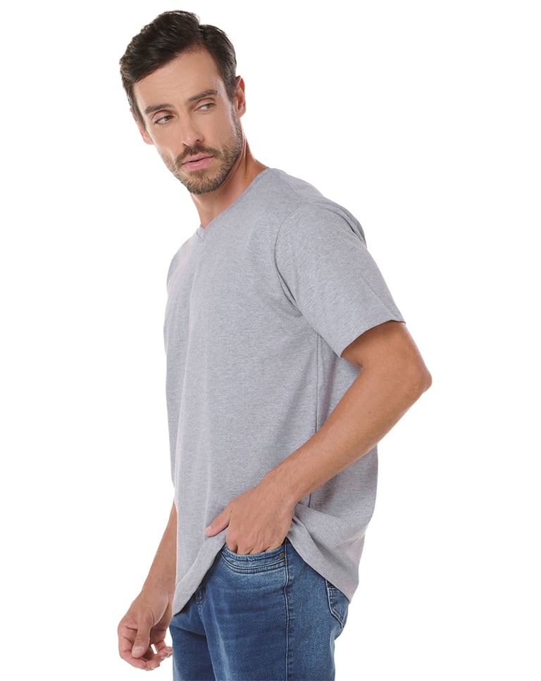 Camiseta Gola V de Algodão Premium Cinza Mescla