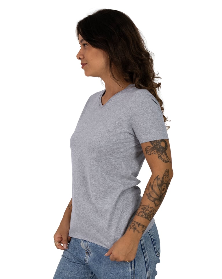 Camiseta Gola V Feminina de Algodão Premium Cinza Mescla