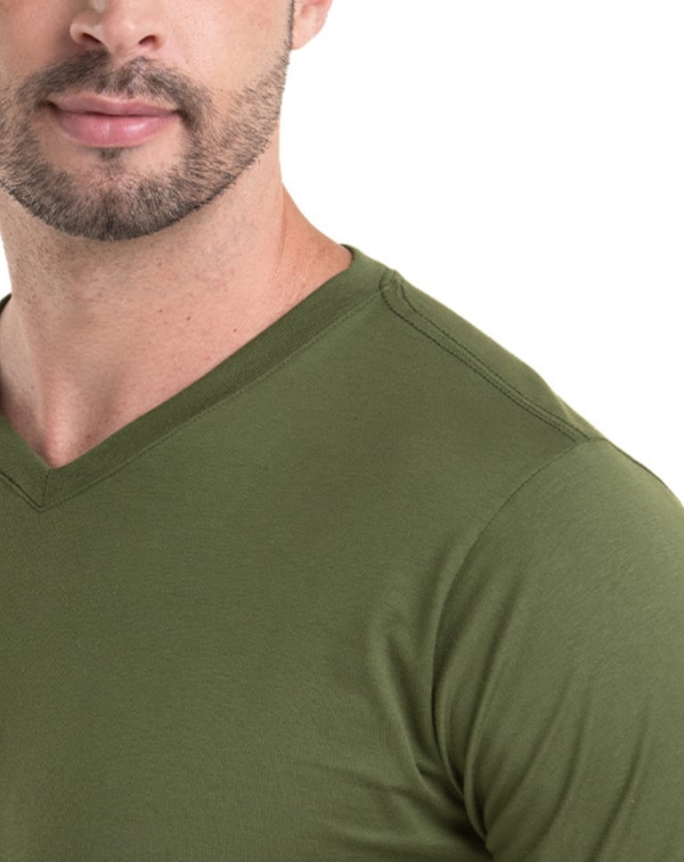 Camiseta Gola V de Algodão Premium Verde Militar