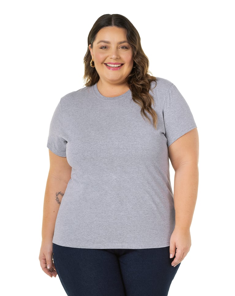 Camiseta Feminina Plus Size de Algodão Cinza Mescla