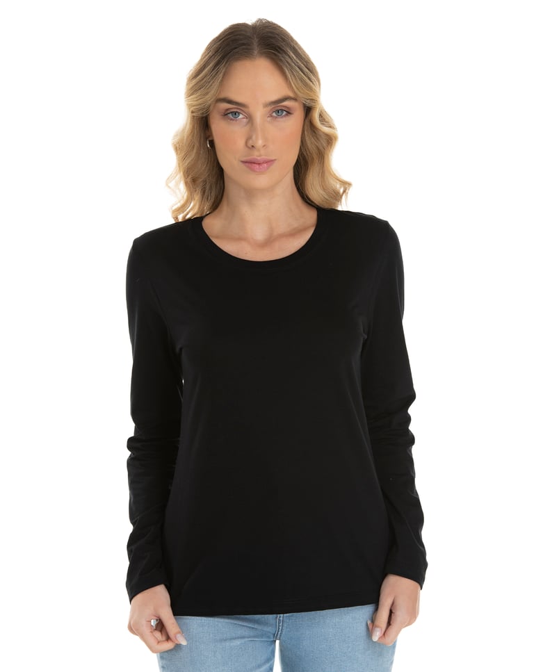 Camiseta Feminina Manga Longa de Algodão Premium Preta