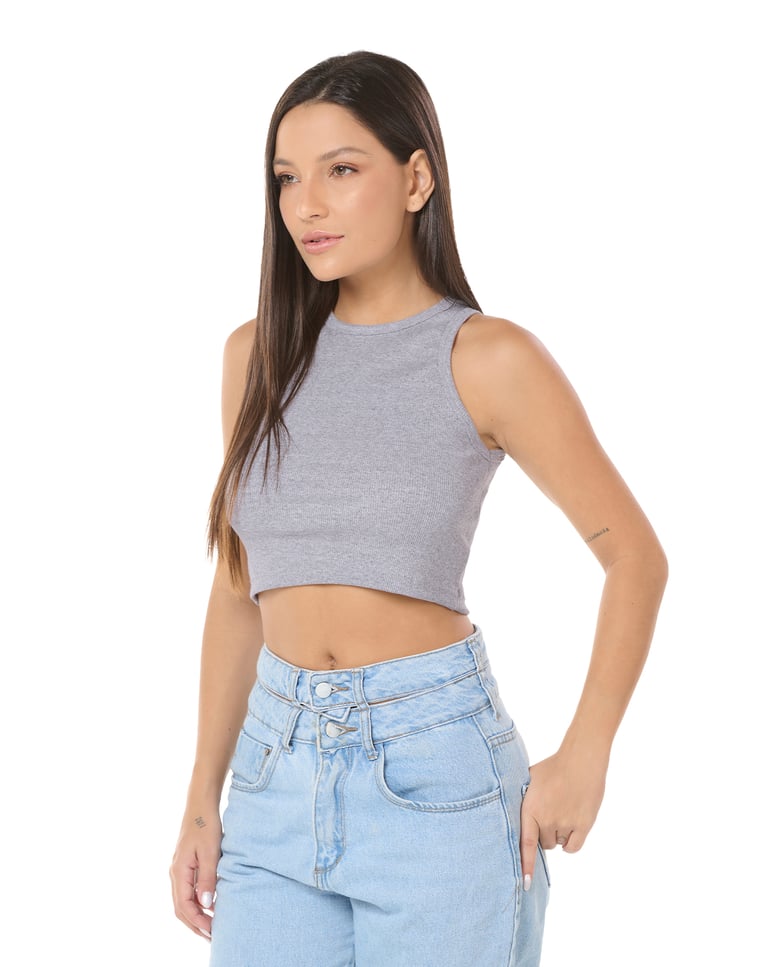 Cropped Ribana Canelado Feminino Cinza Mescla