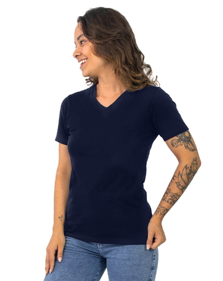 Camiseta Gola V Feminina de Algodão Premium Azul Marinho