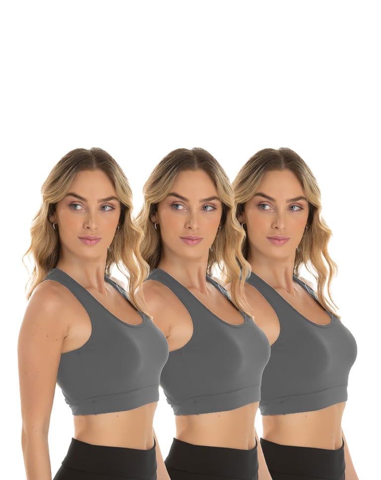 Kit 3 Tops Nadador Fitness Feminino Cinza Chumbo