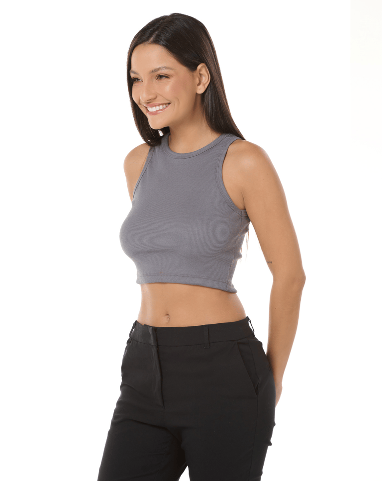 Cropped Feminino Canelado em Ribana Cinza Chumbo