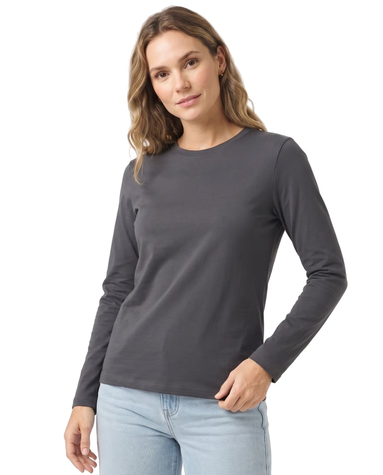 Camiseta Feminina Manga Longa de Algodão Premium Cinza Chumbo