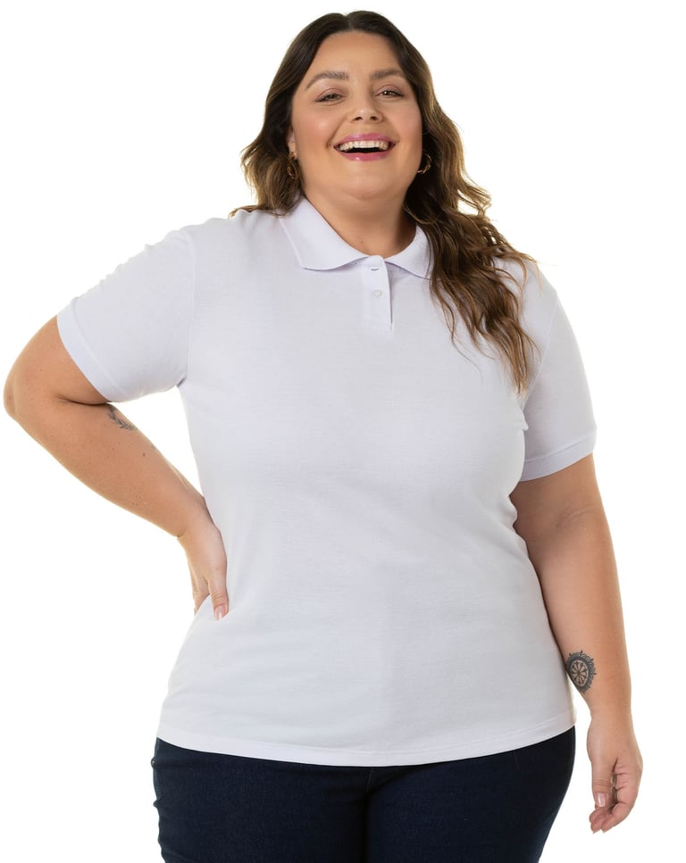 Camisa Polo Piquet Plus Size Feminina Branca