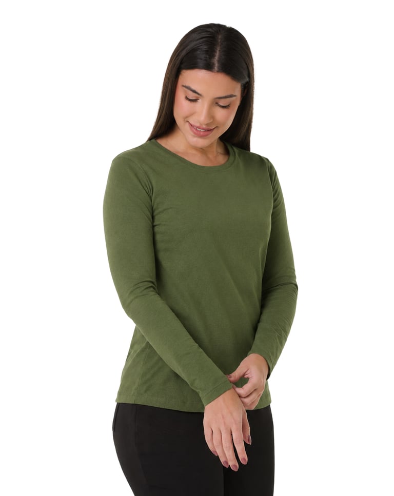 Camiseta Feminina Manga Longa de Algodão Premium Verde Militar