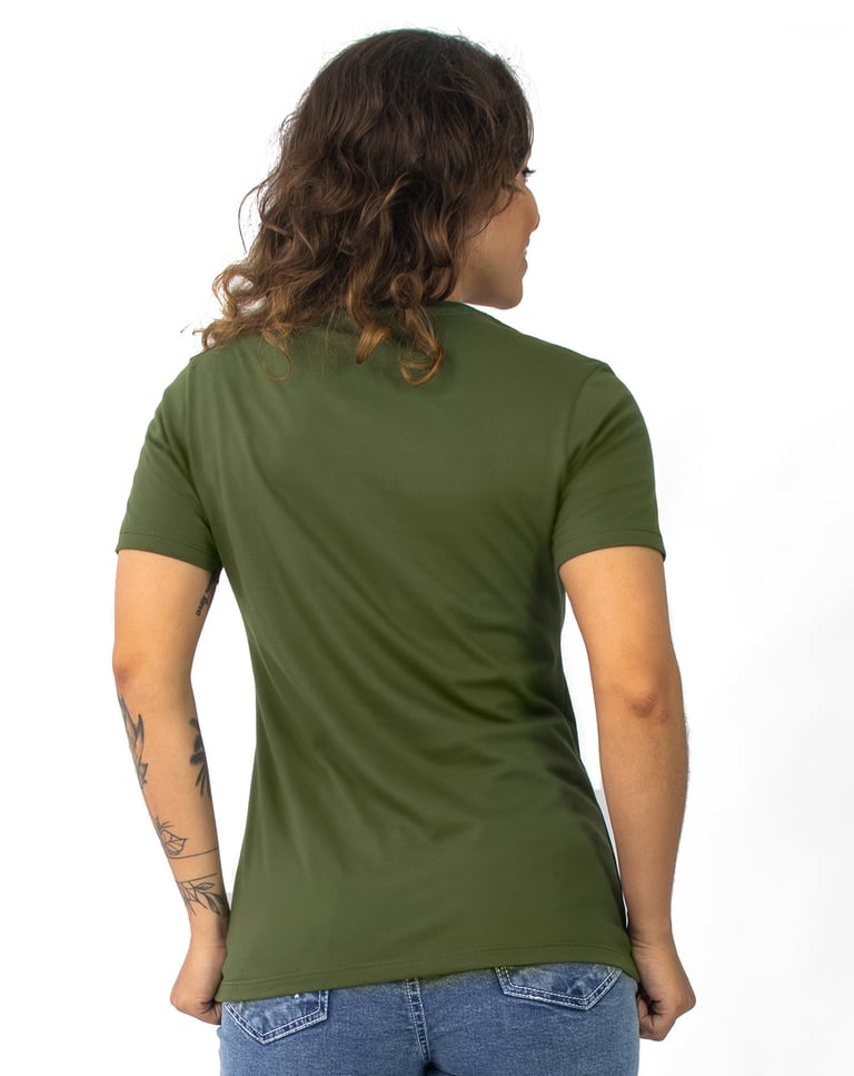 Camiseta Gola V Feminina de Algodão Premium Verde Militar