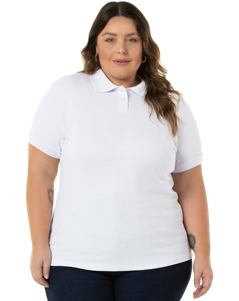Camisa Polo Piquet Plus Size Feminina Branca