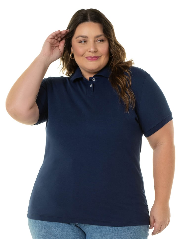 Camisa Polo Piquet Plus Size Feminina Azul Marinho