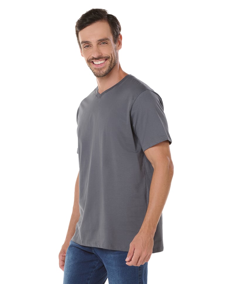 Camiseta Gola V de Algodão Premium Cinza Chumbo