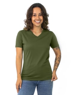 Camiseta Gola V Feminina de Algodão Premium Verde Militar