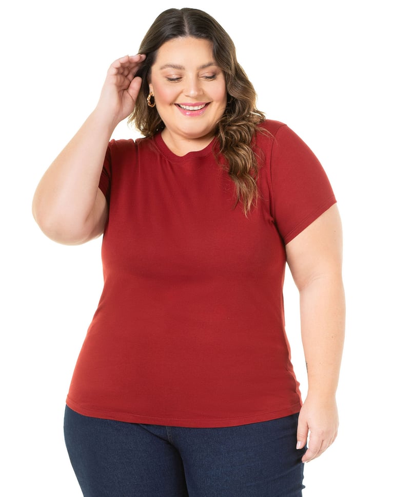 Camiseta Feminina Plus Size de Algodão Bordô