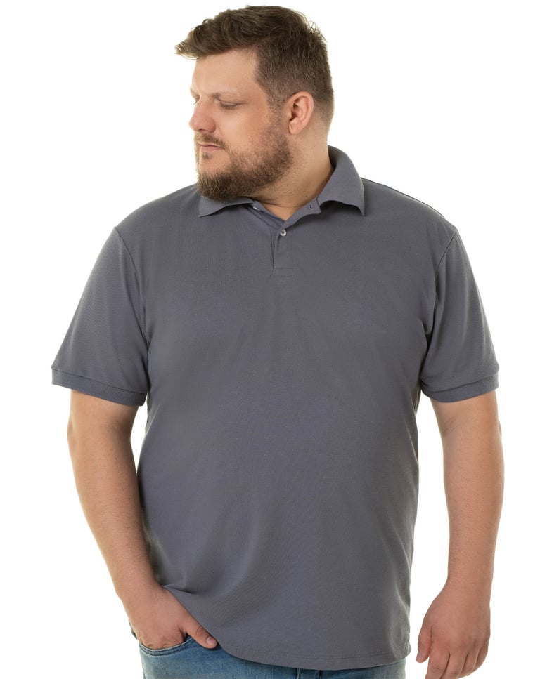 Camisa Polo Piquet Plus Size Masculina Cinza Chumbo
