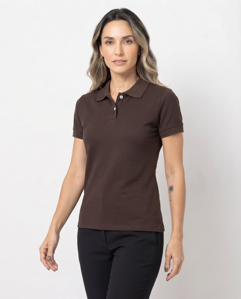 Camisa Polo Piquet Feminina Marrom