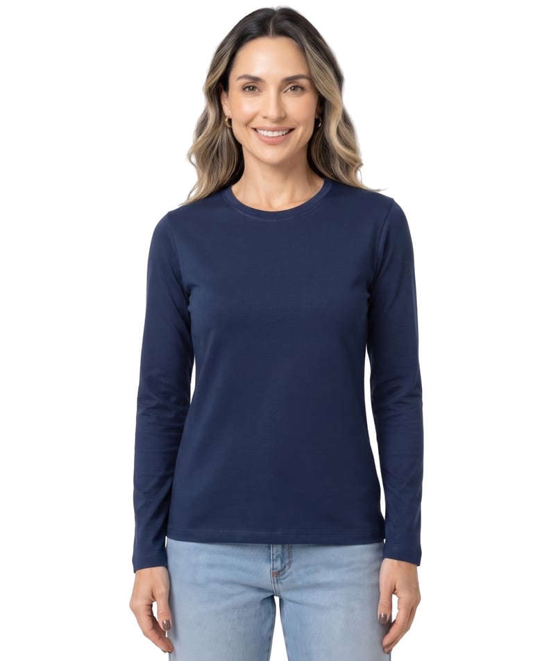 Camiseta Feminina Manga Longa de Algodão Premium Azul Marinho