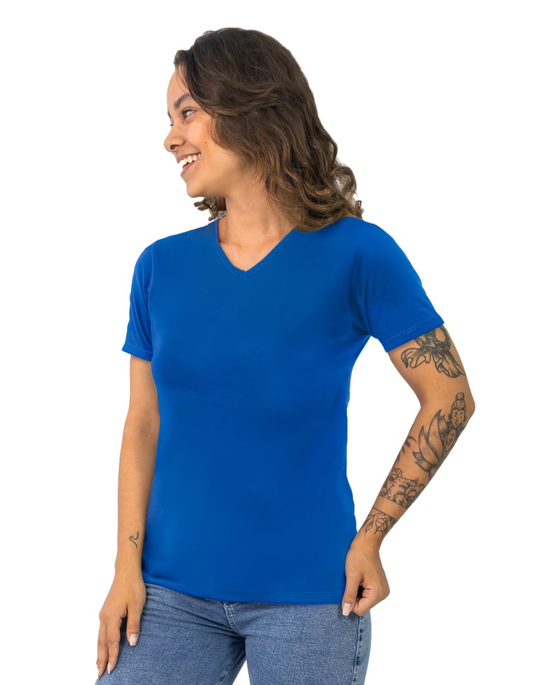 Camiseta Gola V Feminina de Algodão Premium Premium Azul Royal