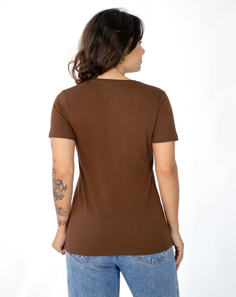 Camiseta Gola V Feminina de Algodão Premium Premium Marrom