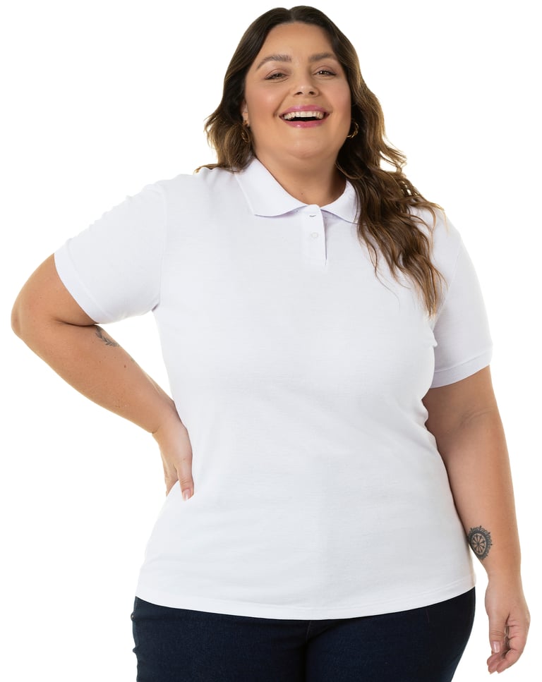 Camisa Polo Piquet Plus Size Feminina Branca