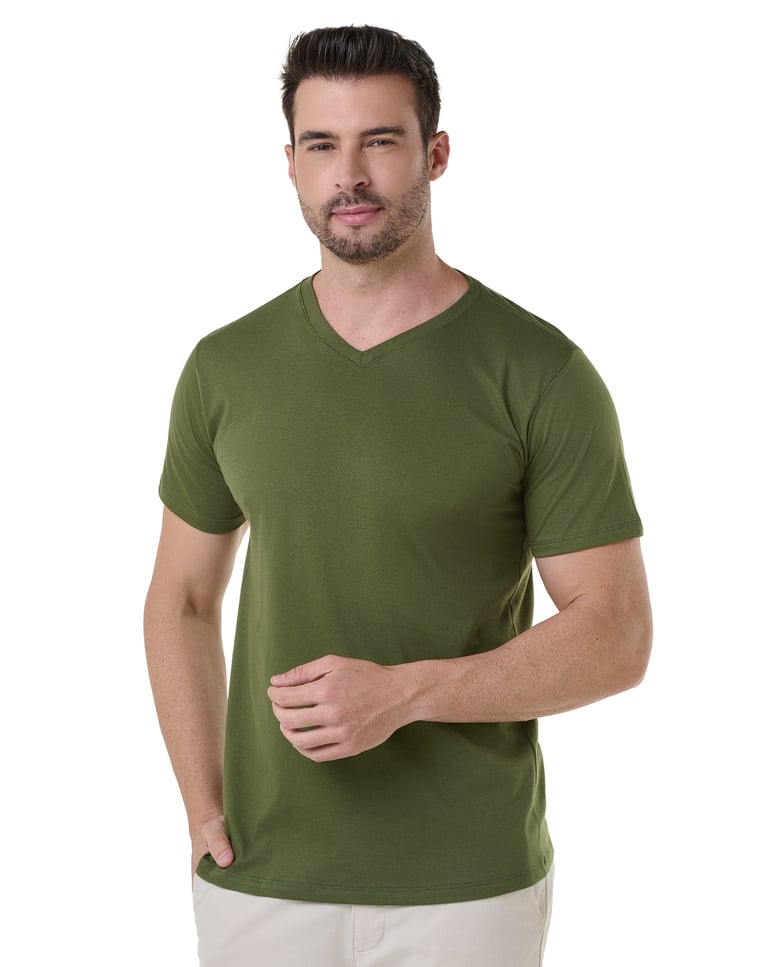 Camiseta Gola V de Algodão Premium Verde Militar