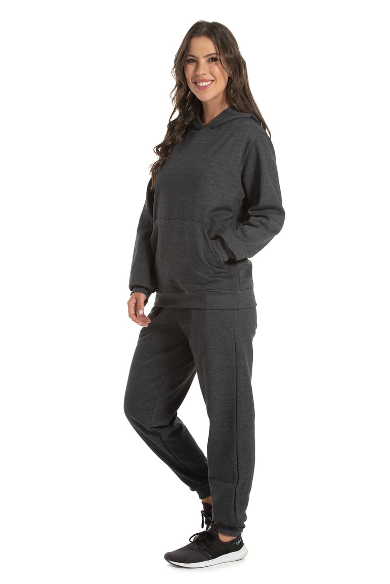 Conjunto Moletom Feminino com Capuz Preto Mescla 06