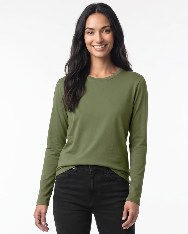 Camiseta Feminina Manga Longa de Algodão Premium Verde Militar