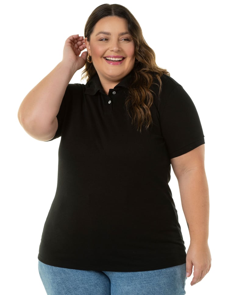 Camisa Polo Piquet Plus Size Feminina Preta