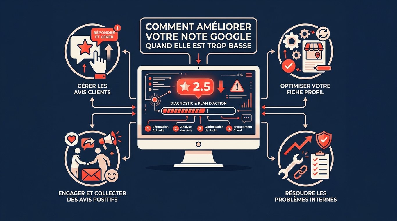 Infographie 4 leviers pour améliorer une note Google de 2,5 étoiles : avis clients, profil, collecte et correctifs internes