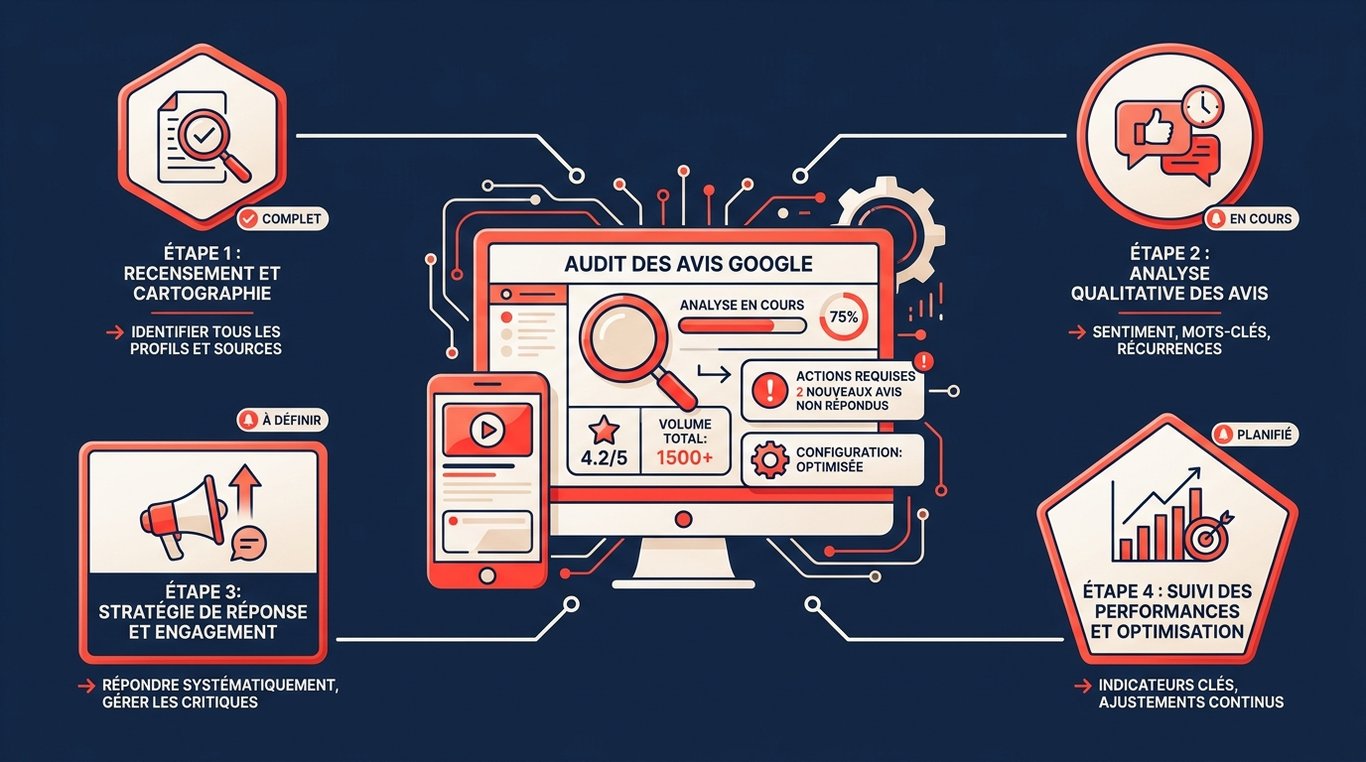 Schéma en 4 étapes d'un audit des avis Google : recensement, analyse qualitative, stratégie de réponse et suivi des performan