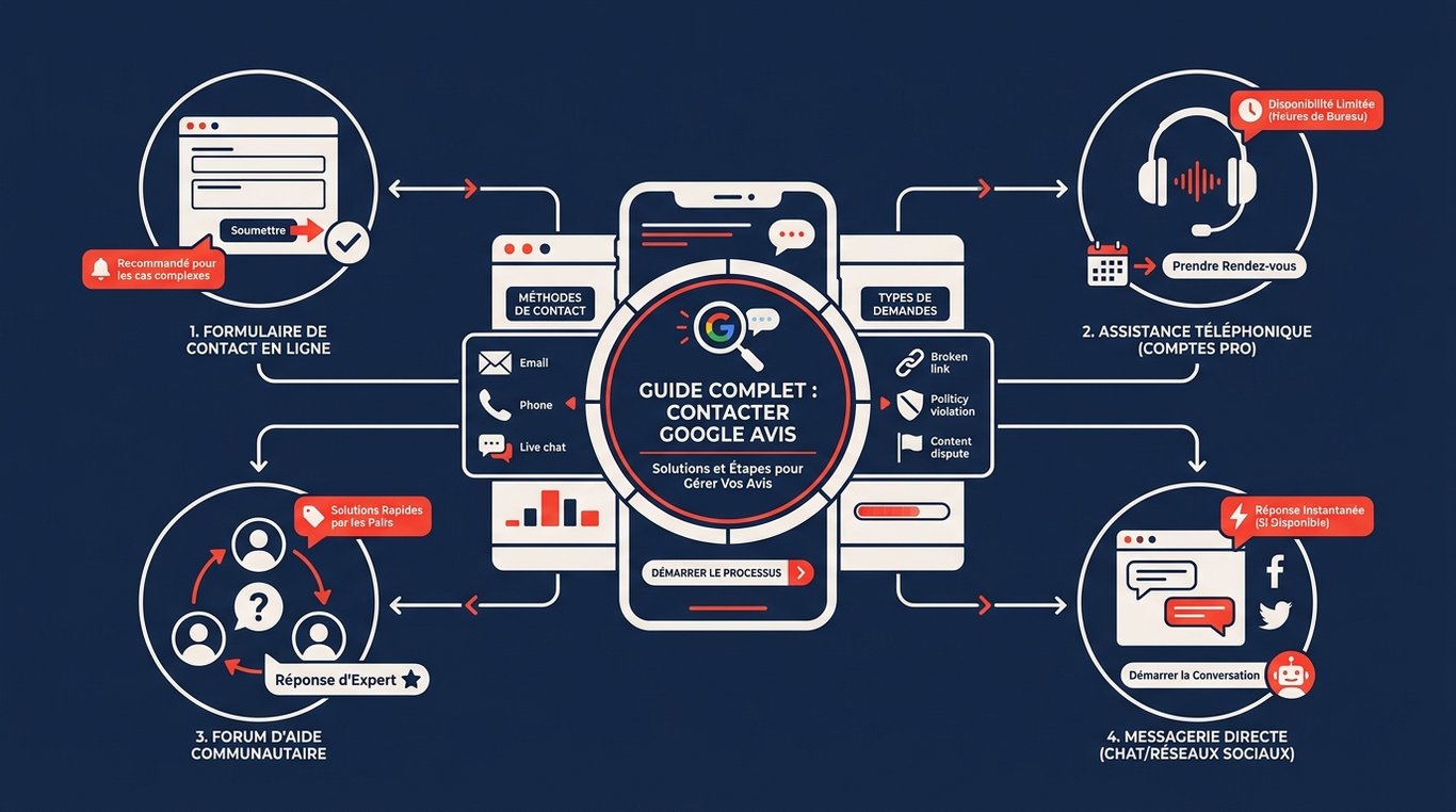 Infographie : 4 méthodes pour contacter Google Avis - formulaire en ligne, assistance téléphonique, forum communautaire, messagerie directe réseaux sociaux