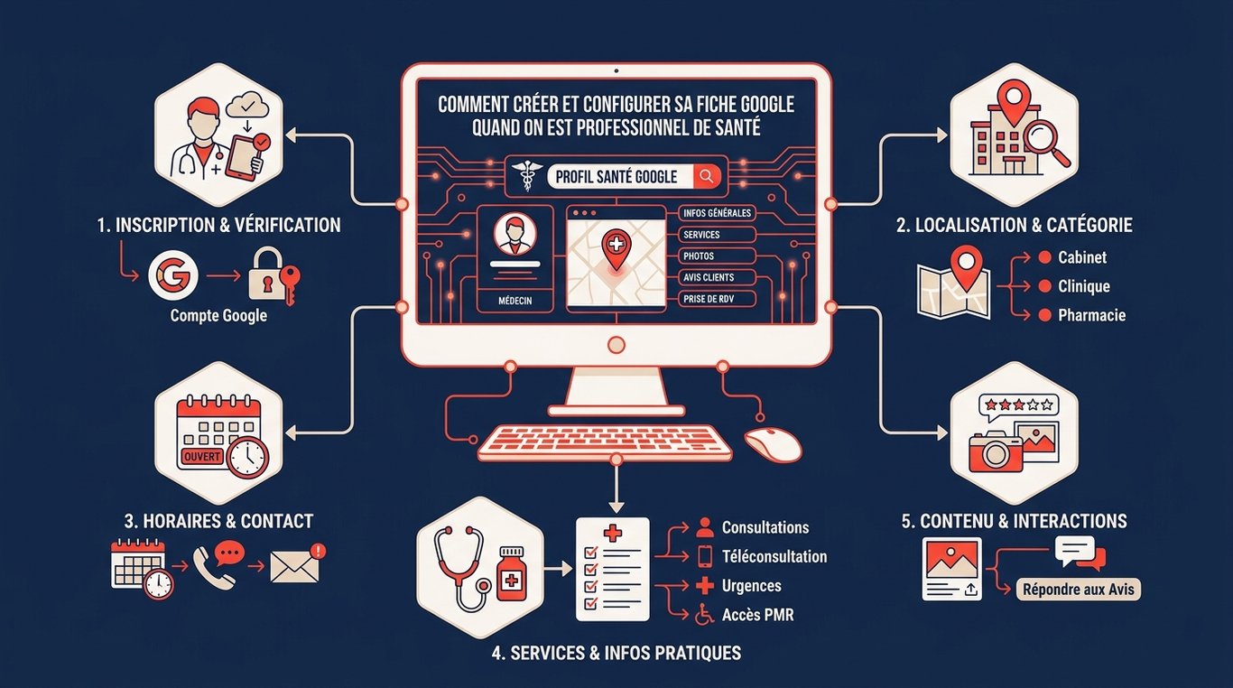 Schéma en 5 étapes pour configurer un profil santé Google : inscription, localisation, horaires, services et contenu