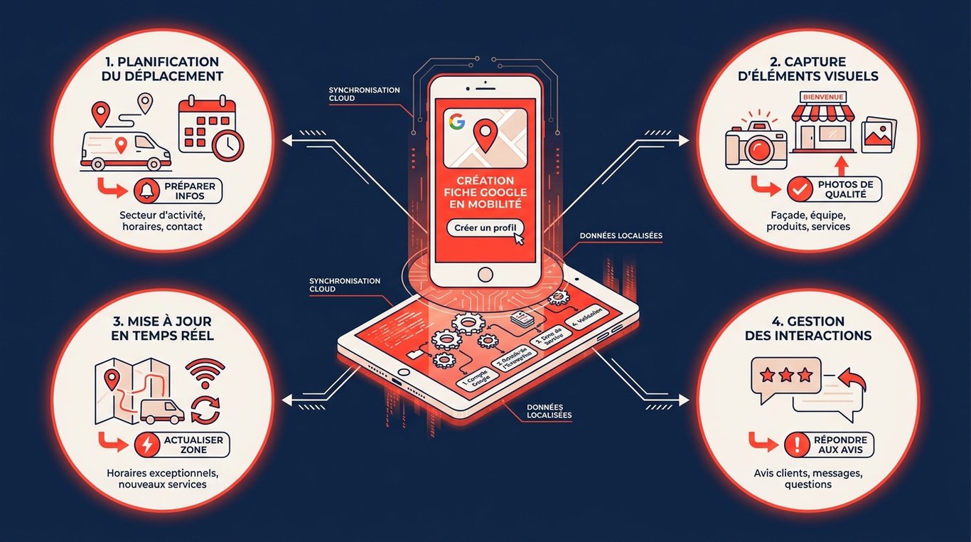 Schéma en 4 étapes pour créer une fiche Google Business en mobilité depuis un smartphone