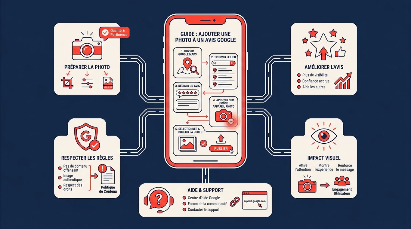 Infographie expliquant les étapes pour ajouter une photo à un avis Google, avec conseils sur préparation, règles, aide et impact visuel