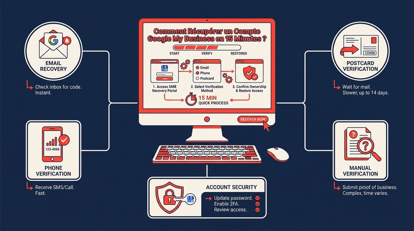 Infographie sur la récupération d'un compte Google My Business : vérification email, téléphone, postale ou manuelle, et sécurisation du compte.